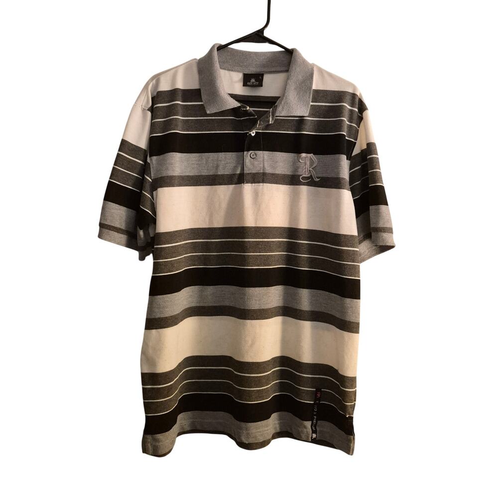 Men’s Red Ape Striped Polo Shirt - Size Large - Black, Gray, and White